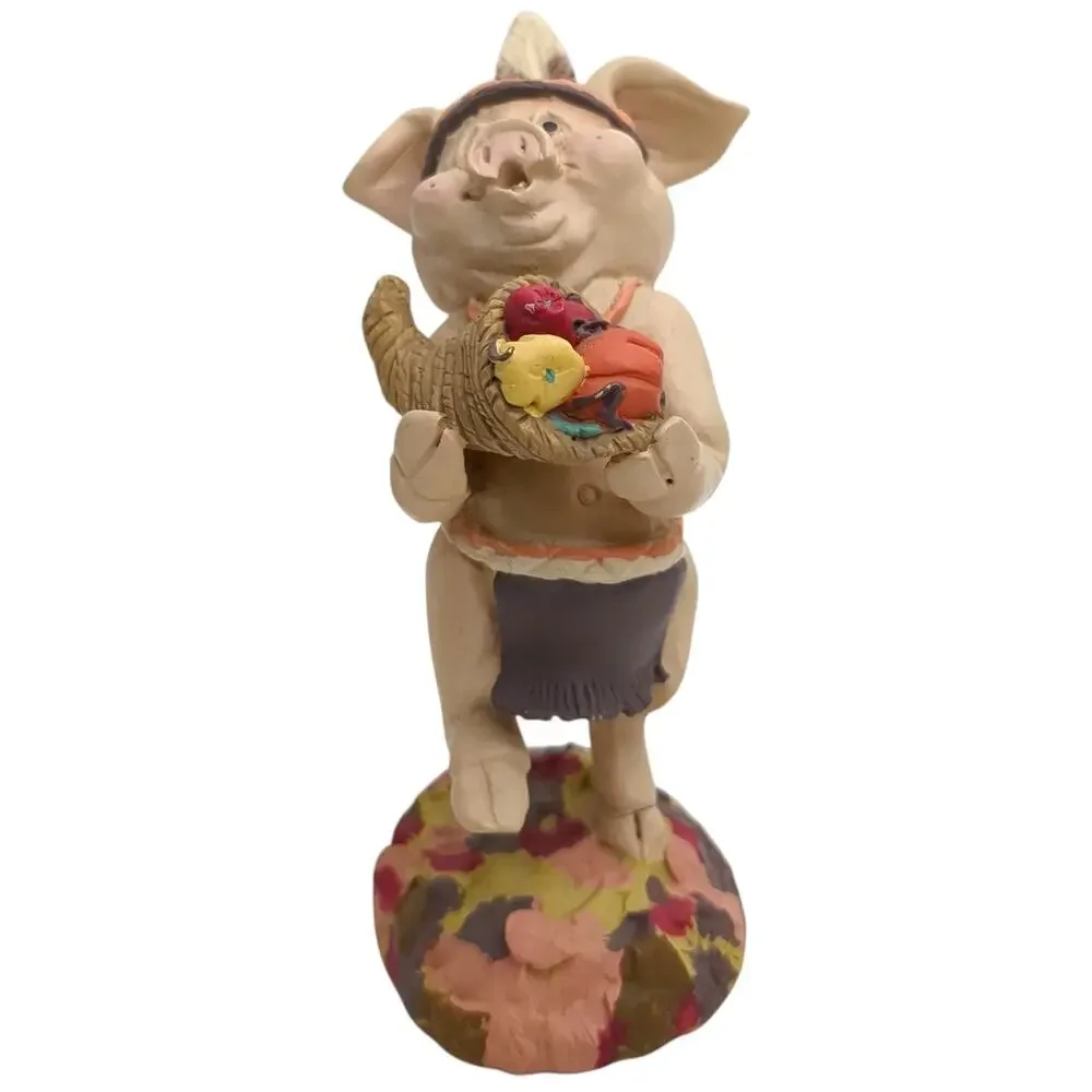 VTG 1991 Kathy Wise - Enesco Resin 2 Pigs - Thanksgiving - Native American 4